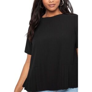 Zara Flowy Pleated Hem Peplum Style Crewneck Short Sleeve Black Blouse Top
